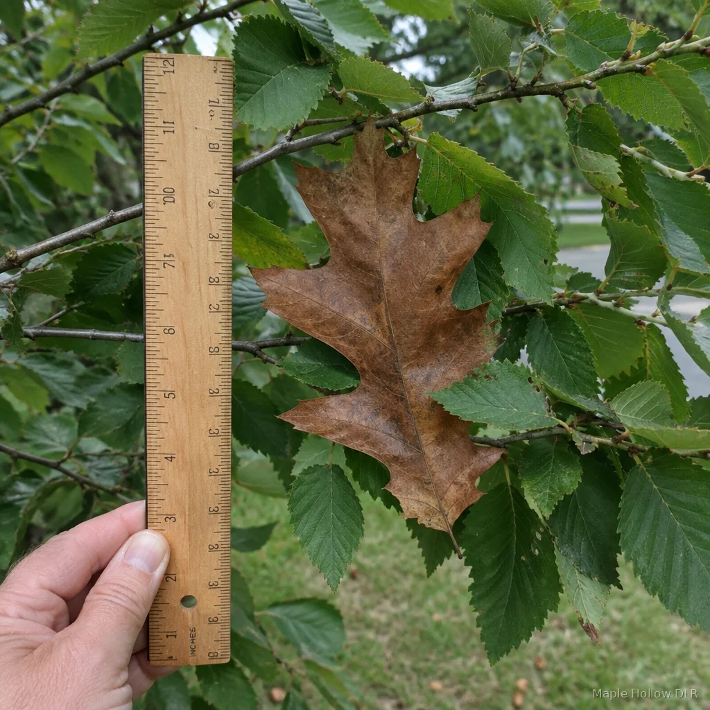 An oak leaf attached to an elm branch, photographed as complaint evidence