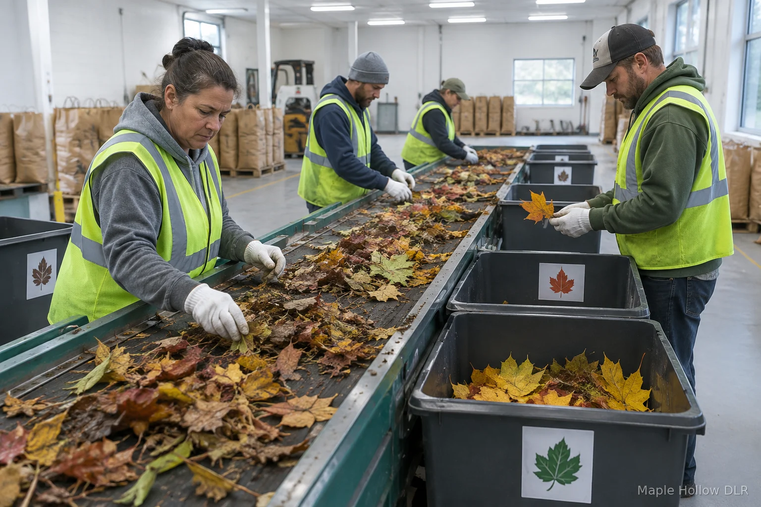 Staff sorting leaves by species at the Municipal Sorting Facility