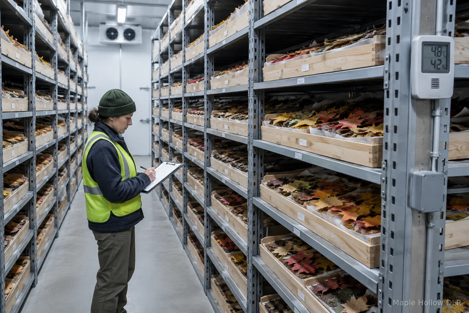 Climate-controlled storage bays holding sorted leaves over winter