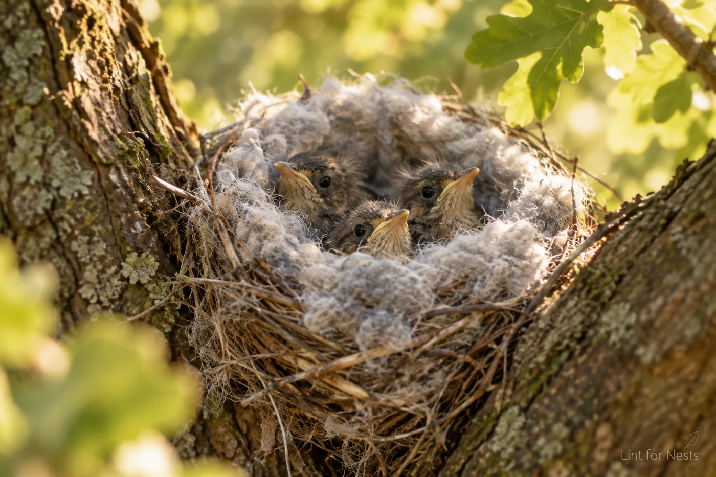 Songbird chicks in a nest lined with donated lint