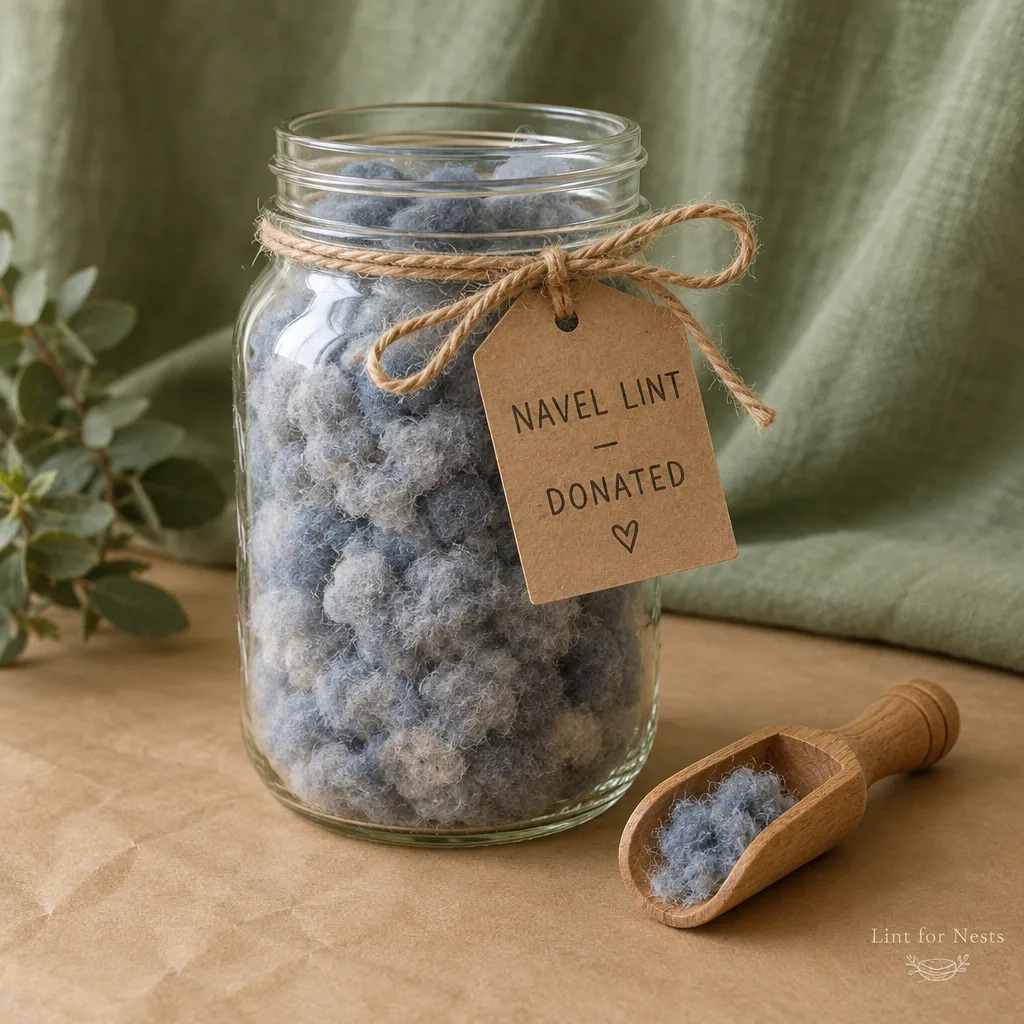 A donated jar of navel lint, graded and ready for sanitation