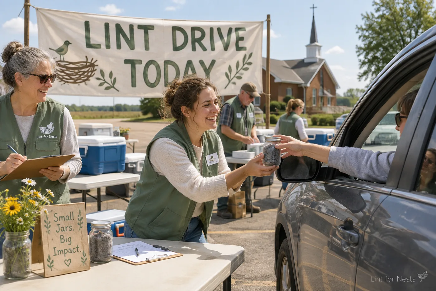 Volunteers receiving lint donations at a drive-up Lint Drive