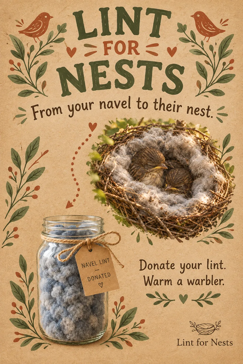 Lint for Nests poster: From your navel to their nest