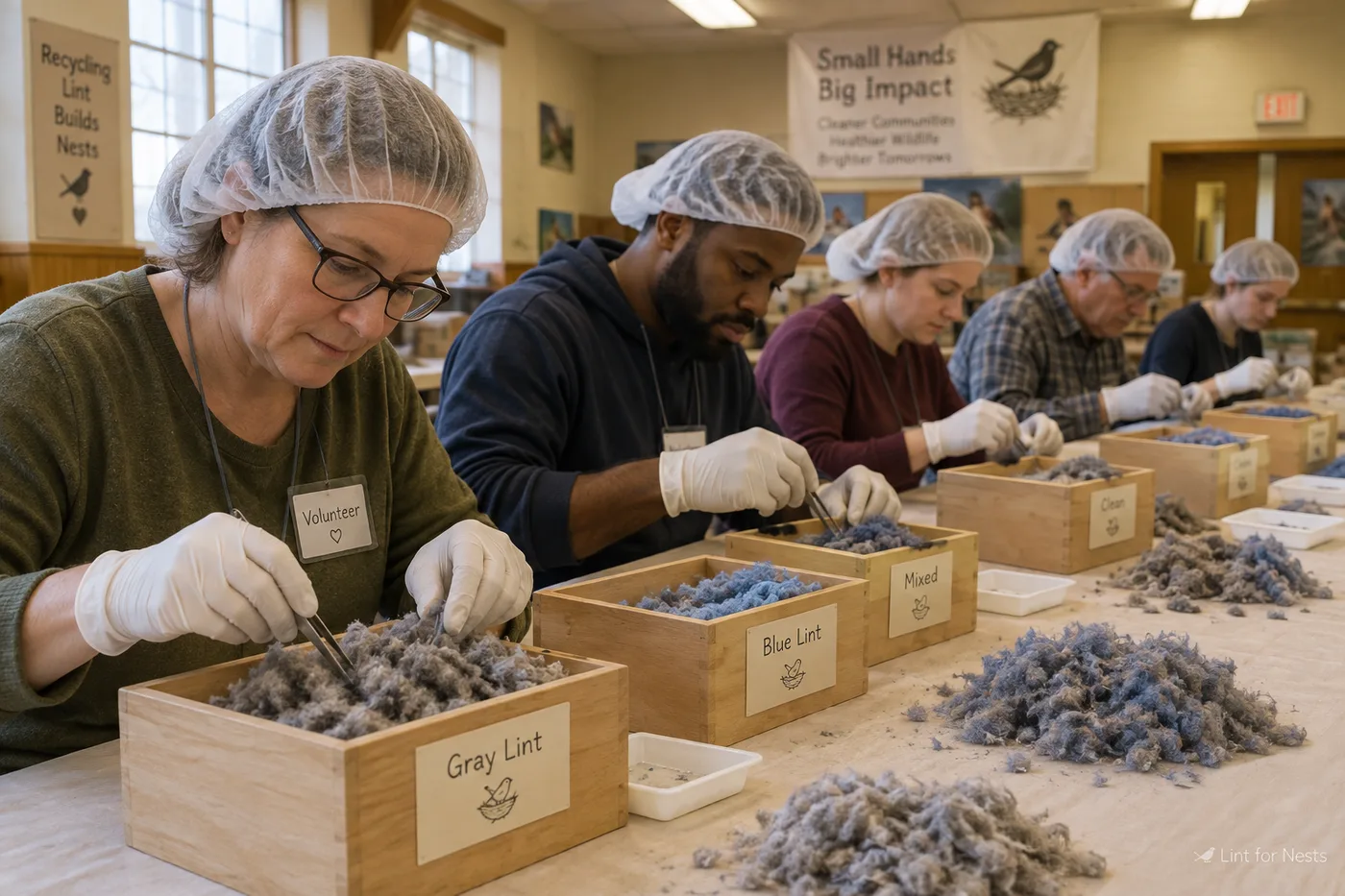 Volunteers grading donated lint at the sorting table