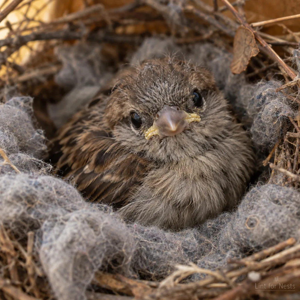 Dusty, a rescued house sparrow fledgling in a lint-lined nest
