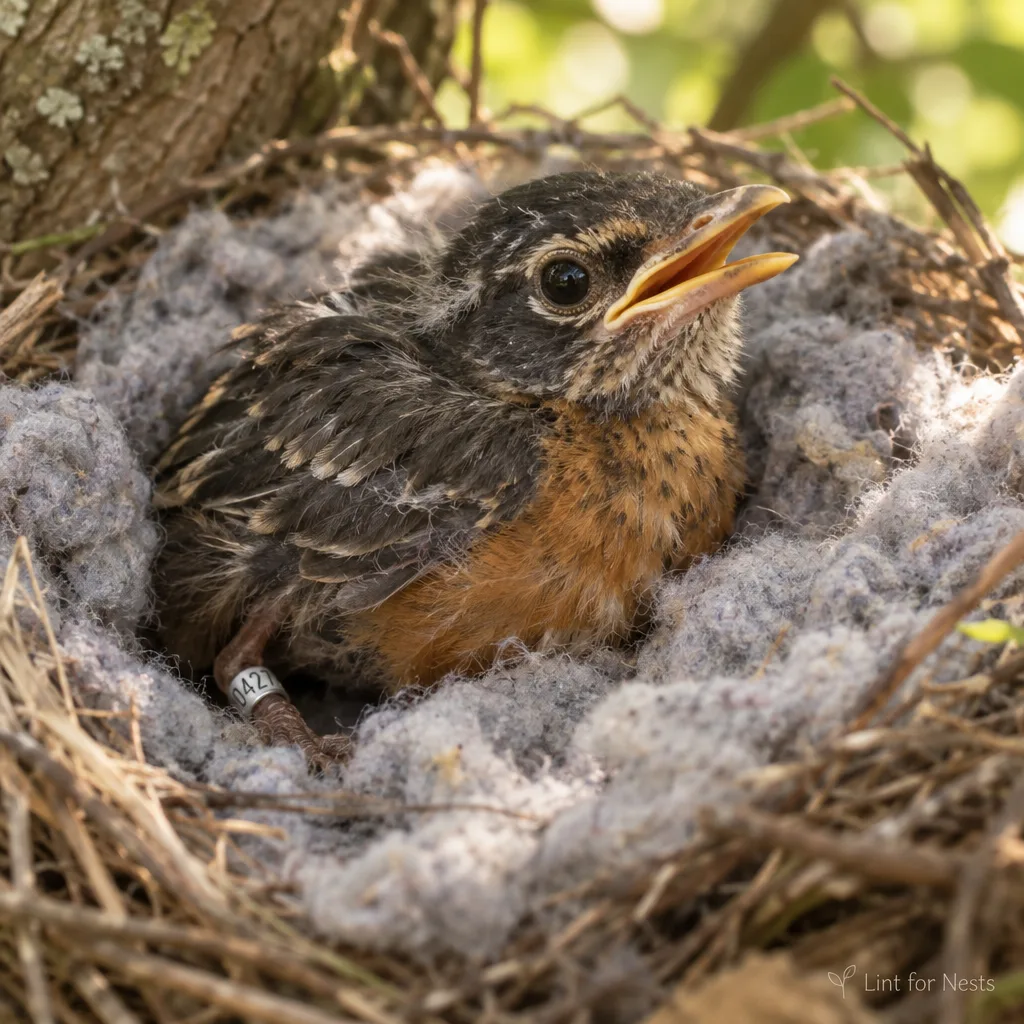 Mabel, a banded robin chick resting in a lint-lined nest