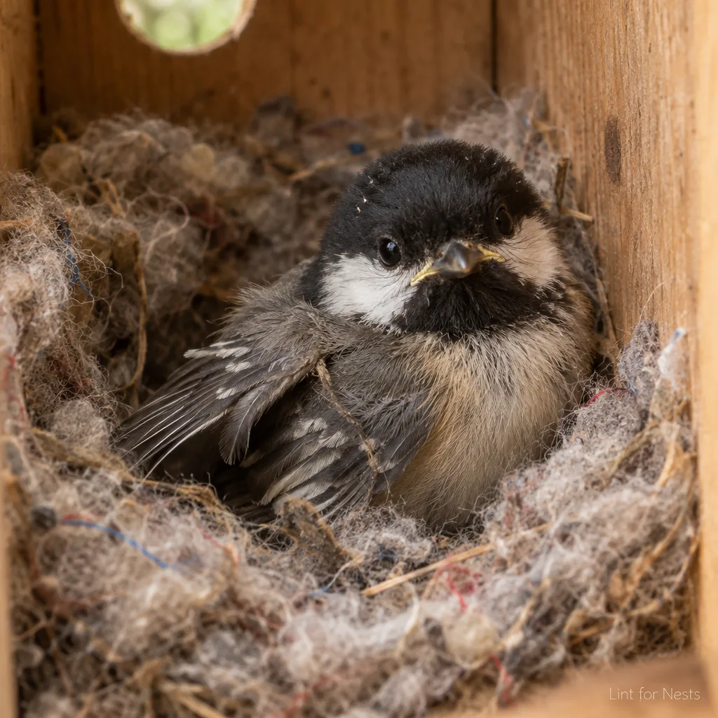 Pip, a rescued chickadee fledgling in a rescue box