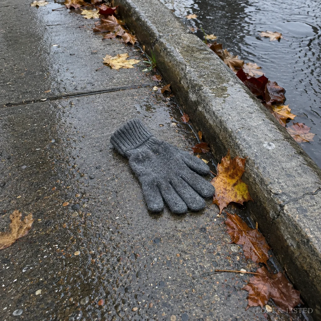 A single grey knit glove on a wet sidewalk