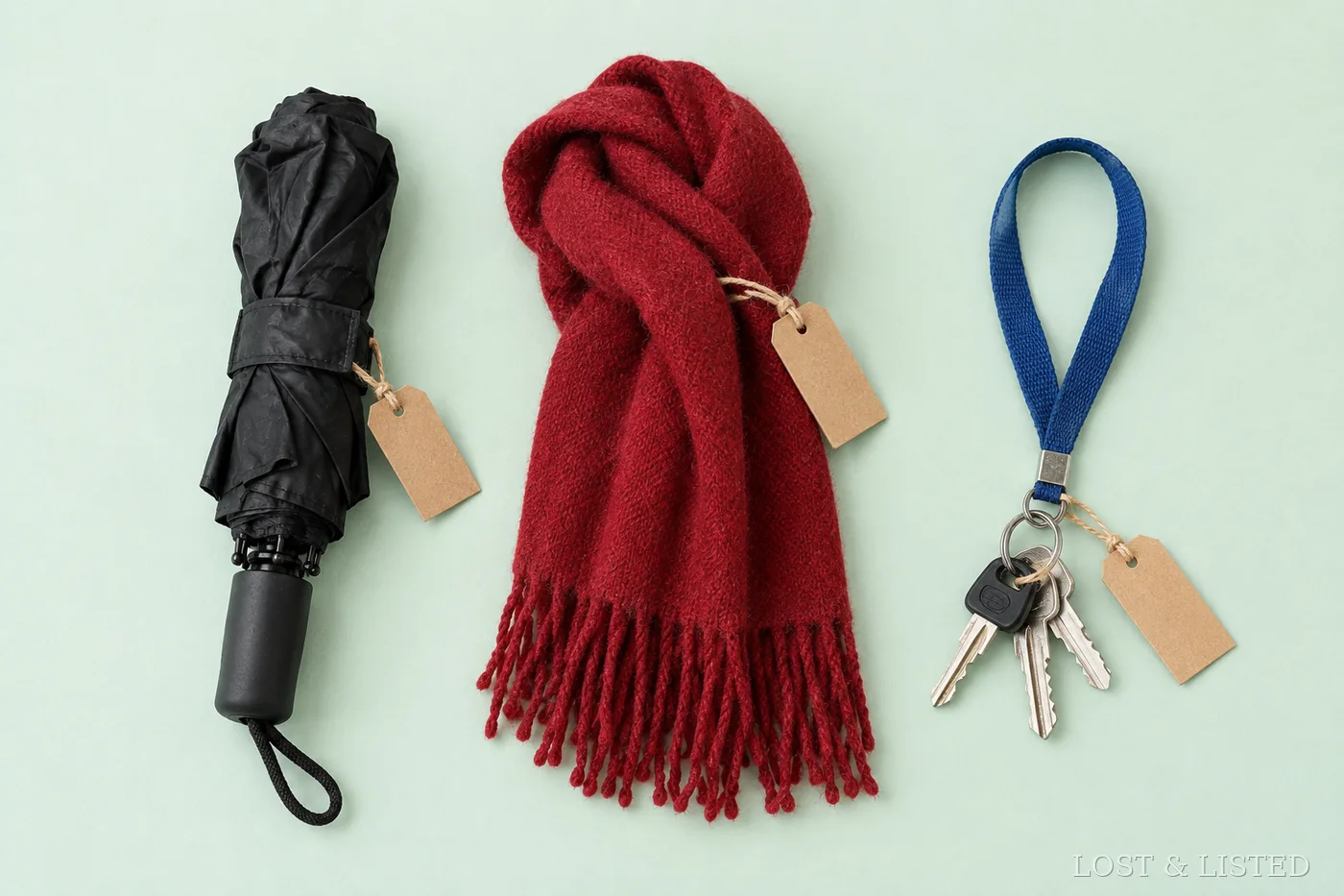 A black umbrella, a red scarf, and keys on a blue lanyard laid out with paper tags on a mint background