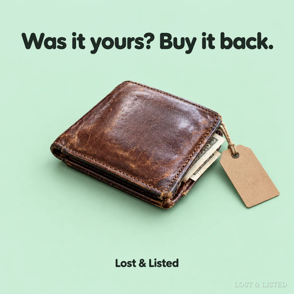 Square poster: a brown wallet with a paper tag under the headline Was it yours? Buy it back.