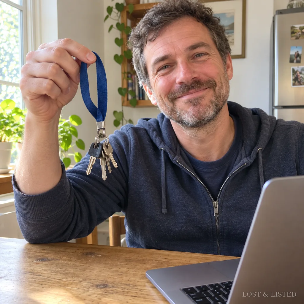 A man at a kitchen table holding up house keys on a blue lanyard beside a laptop