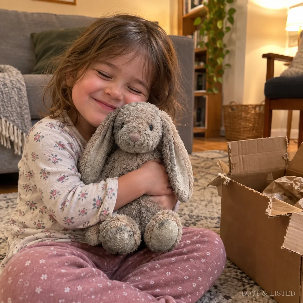 A small child hugging a stuffed rabbit beside an opened shipping box