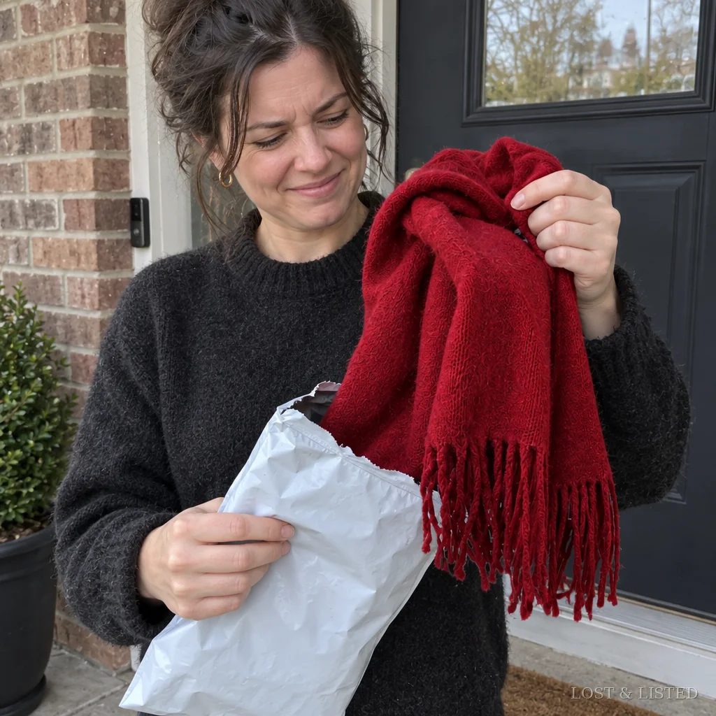 A woman on a doorstep lifting a red scarf out of a courier mailer