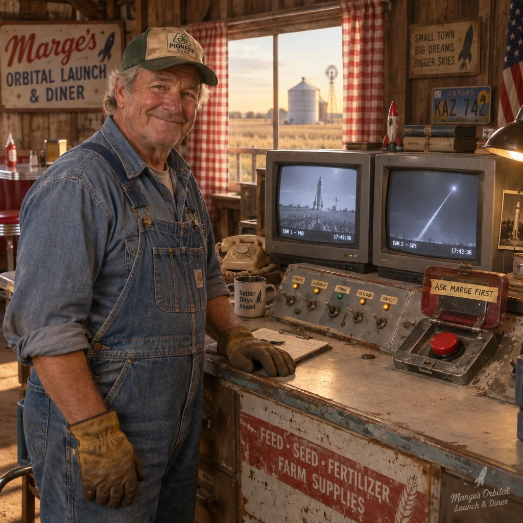 Bill in overalls at a barn mission control desk with old monitors and a covered red button