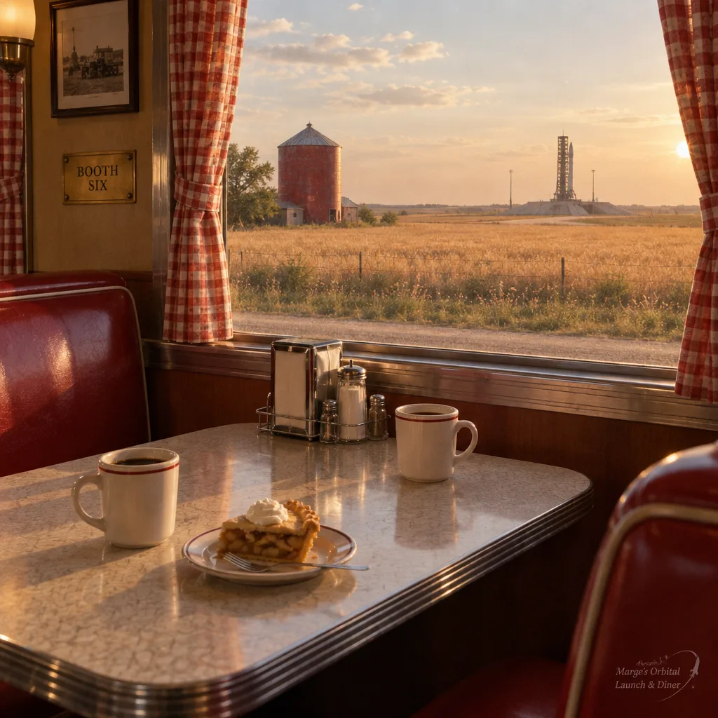 A red vinyl window booth with a Booth Six plaque, pie on the table, and the launch pad visible outside