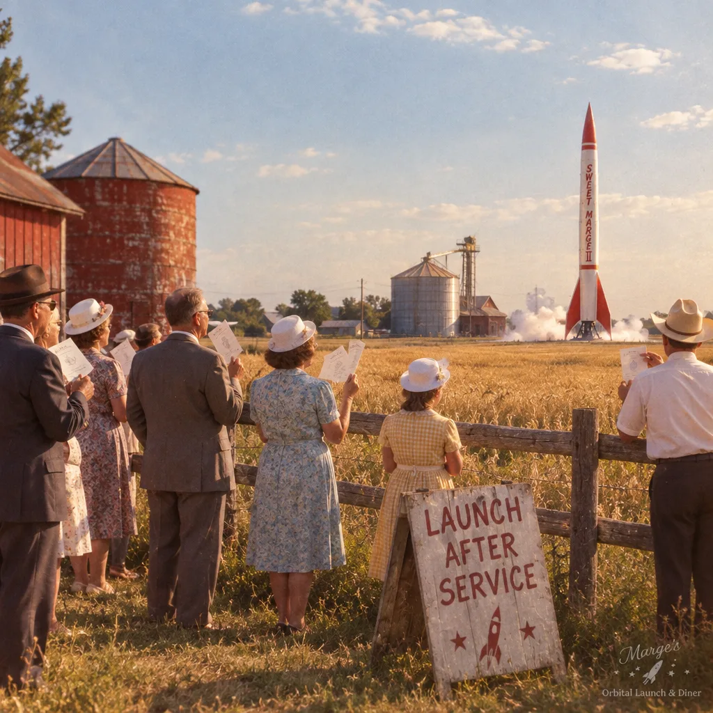 A church congregation in Sunday best waiting by a fence for a launch after the service