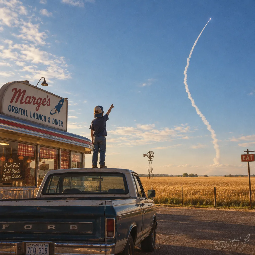 A kid on a truck roof pointing at a launch contrail over a wheat field