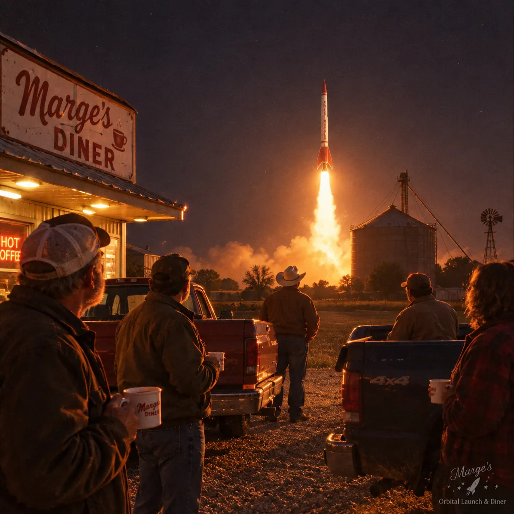 Locals with coffee mugs in the diner parking lot watching a night launch
