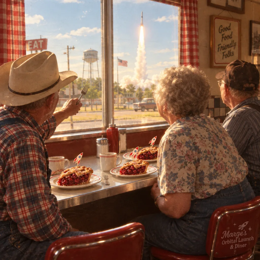 Three regulars at the window counter with slices of cherry pie, watching a launch