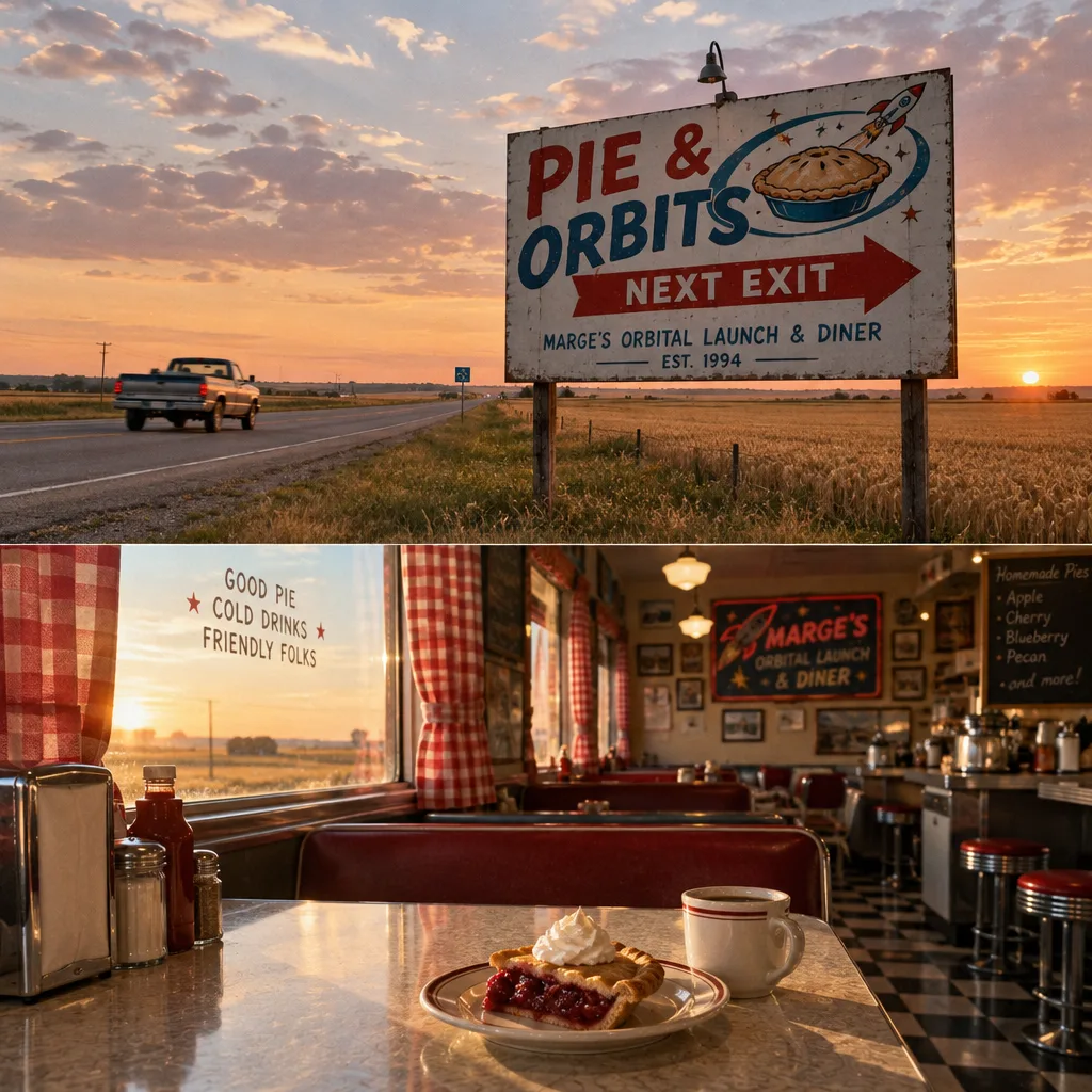 A hand-painted roadside billboard reading Pie and Orbits, Next Exit