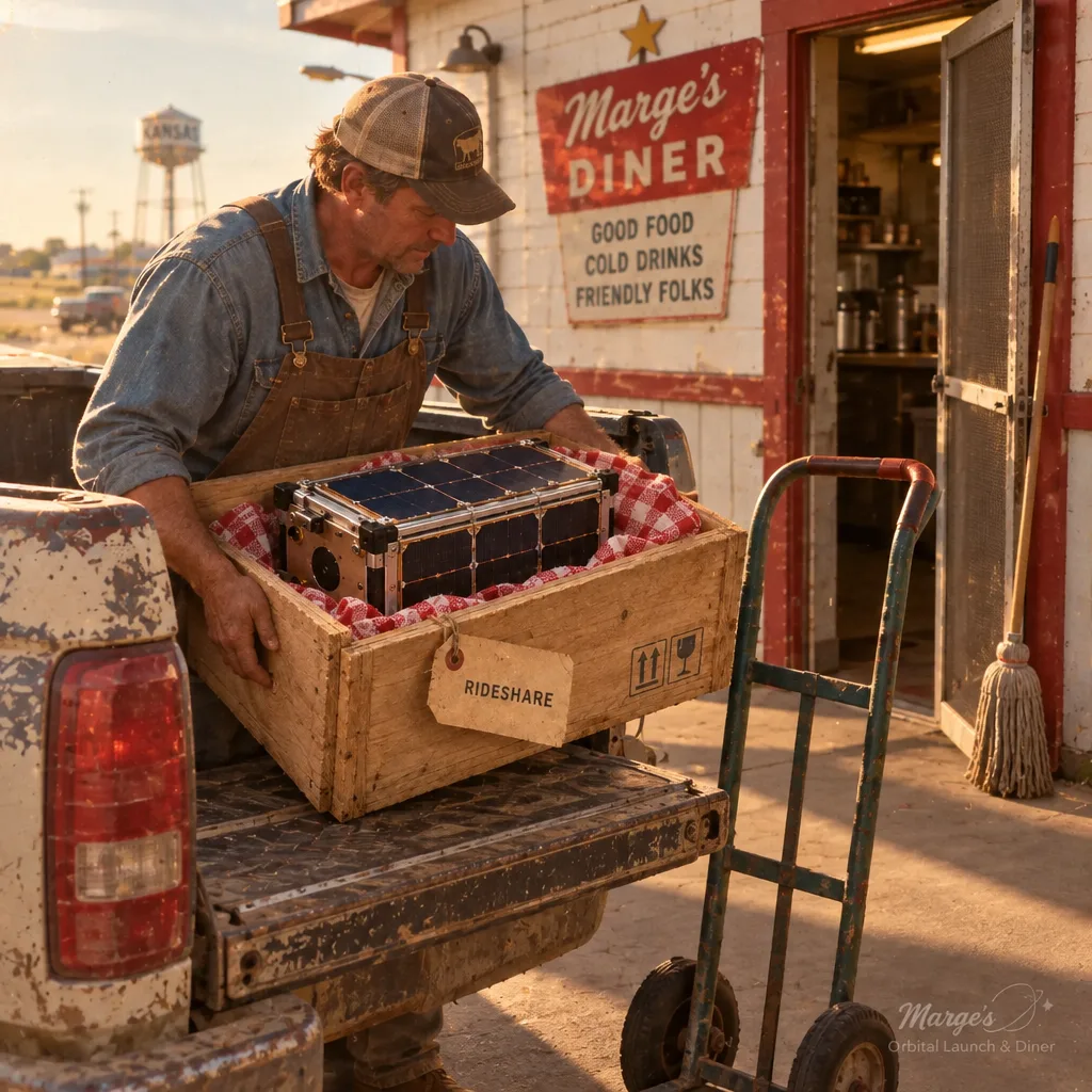 A farmer unloading a satellite crate from a pickup truck at the diner's back door