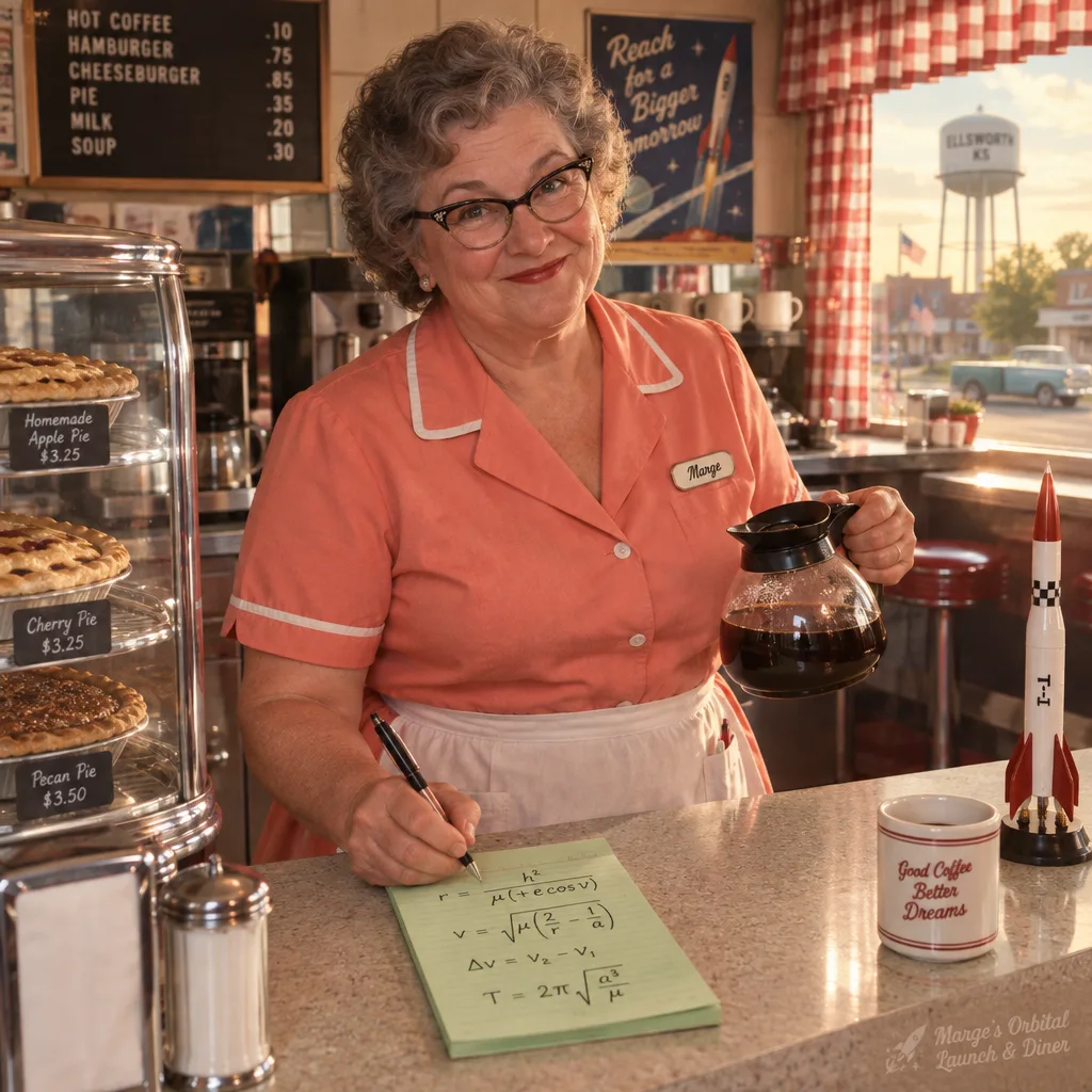 Marge behind the counter holding a coffee pot and writing trajectory equations on an order pad