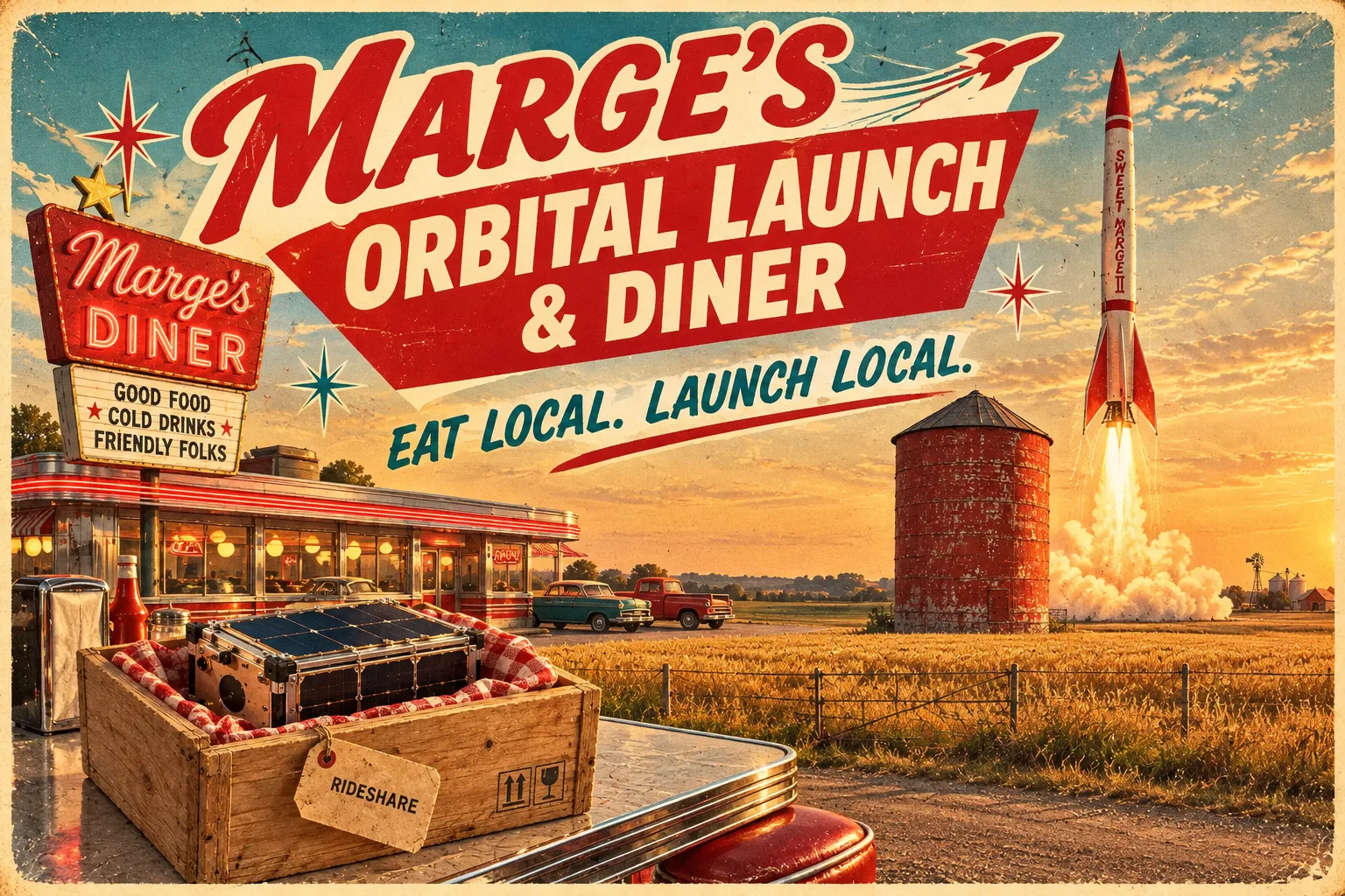 Landscape billboard poster of the diner, silo, and a liftoff at golden hour