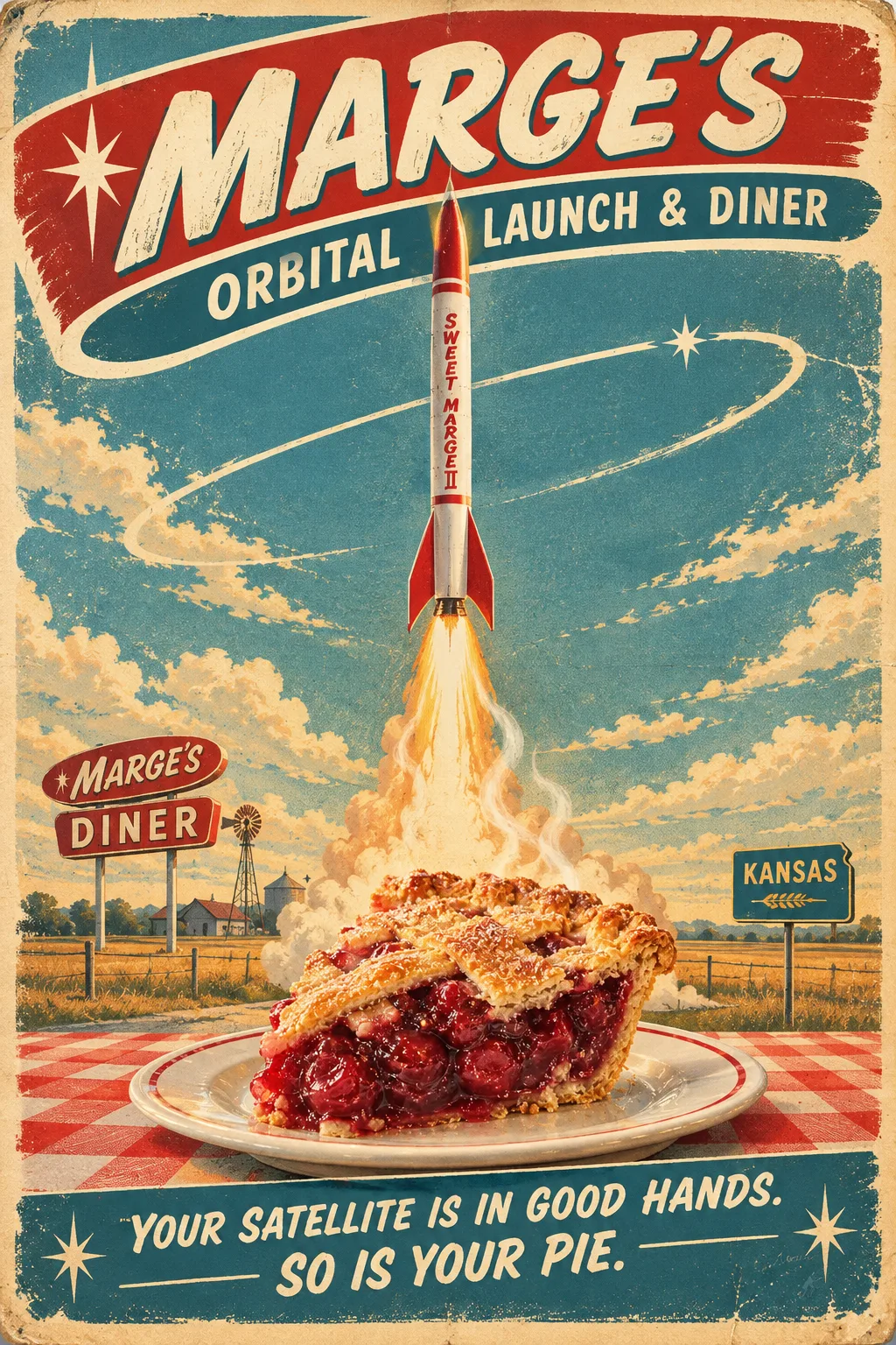 Portrait poster of Sweet Marge II climbing over a slice of cherry pie