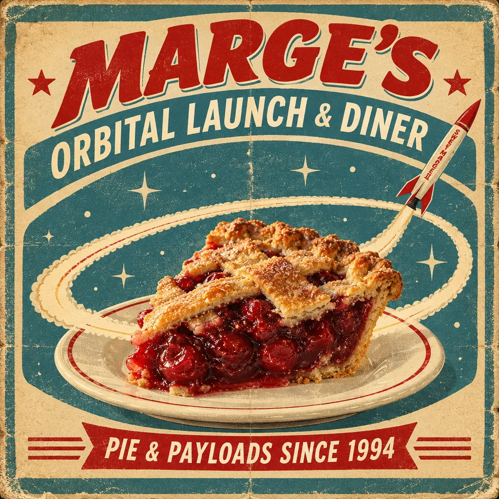 Square poster of a rocket orbiting a slice of cherry pie