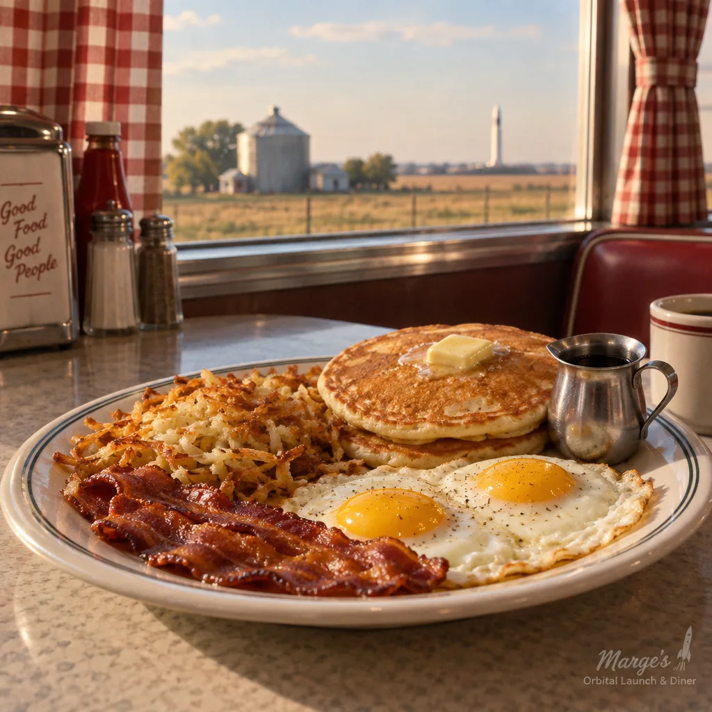 The Countdown Breakfast: eggs, hash browns, bacon, and pancakes, with a rocket visible out the window