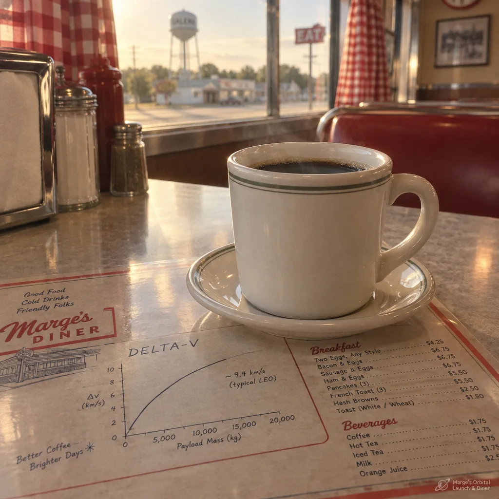 A diner coffee mug sitting on a laminated menu with a hand-drawn delta-v chart