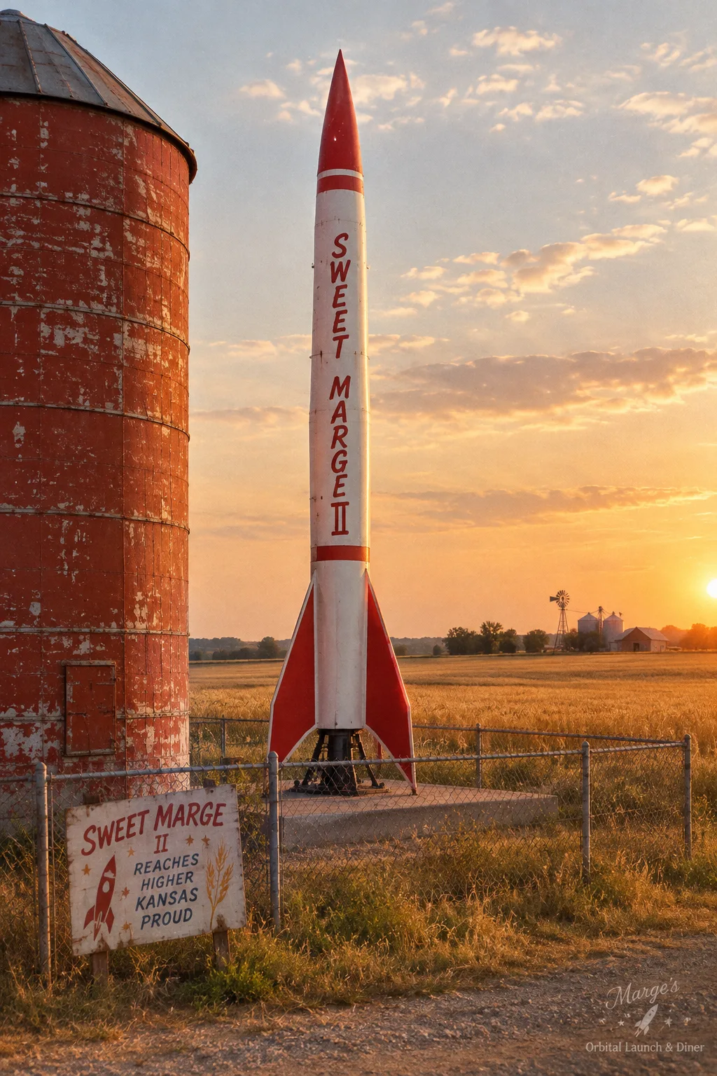 Sweet Marge II, a slim white and red rocket standing on a small pad behind a grain silo