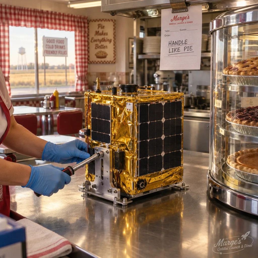 A gold-foiled satellite on a stainless steel prep table next to the pie case