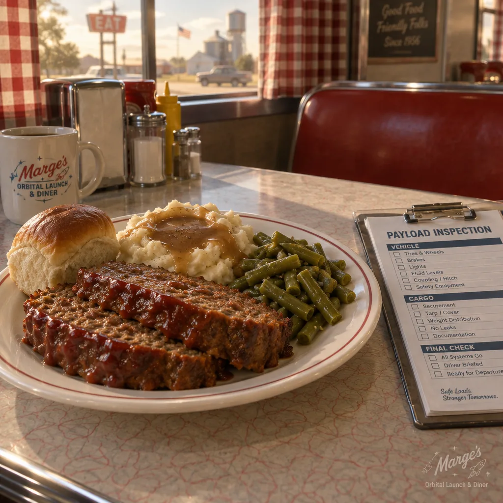 Tuesday meatloaf special with mashed potatoes, green beans, and a payload inspection clipboard