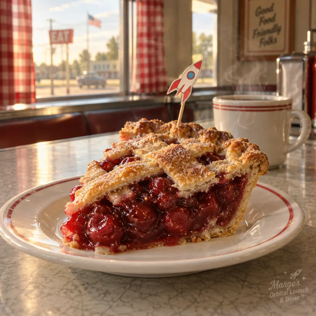 A slice of Re-Entry Cherry pie with a lattice crust and a tiny rocket flag