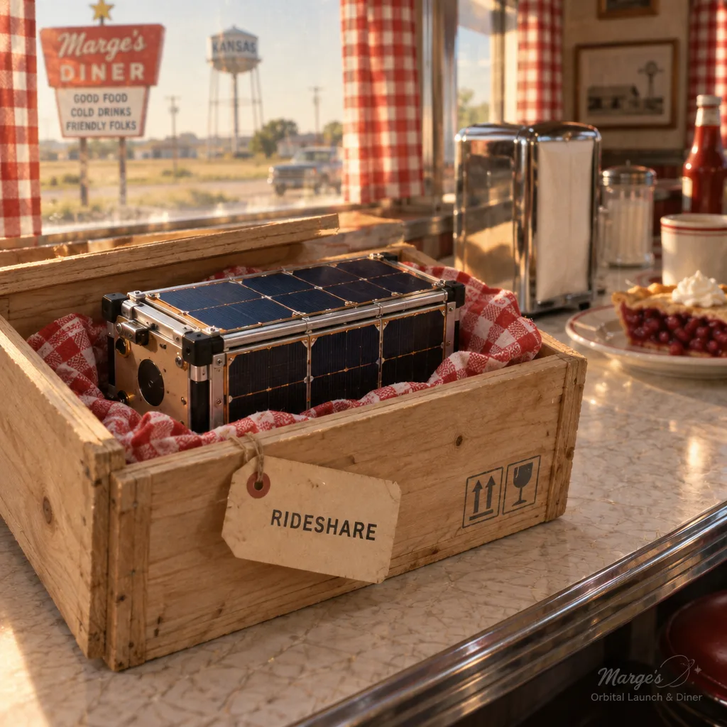 A small cubesat packed in a wooden crate lined with checkered diner napkins