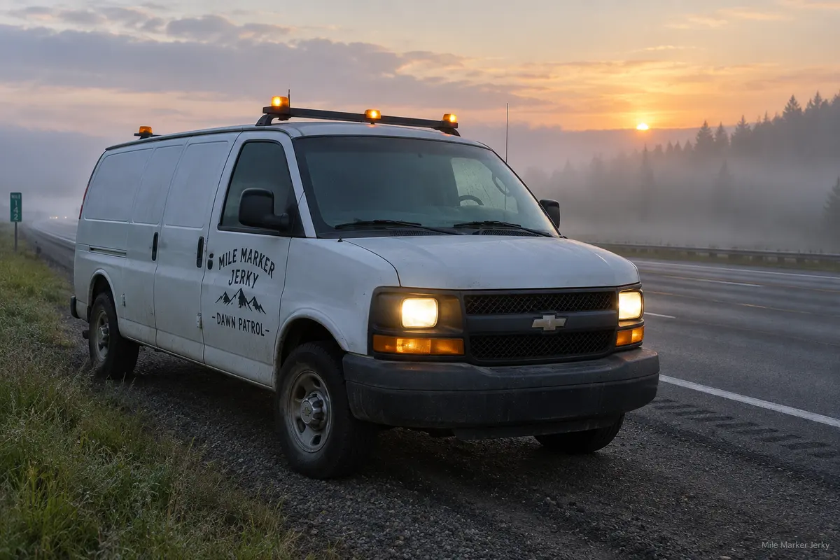 The Mile Marker Jerky dawn patrol van parked on a misty highway shoulder at first light