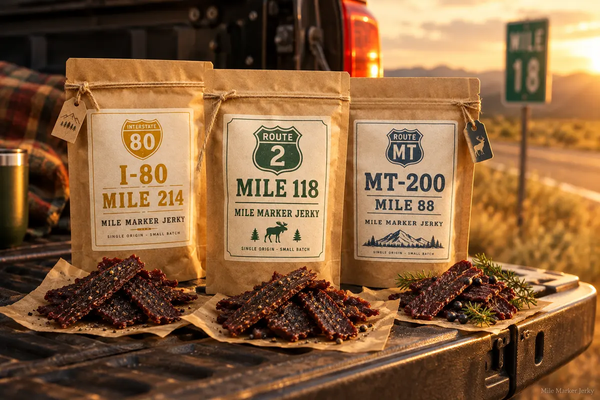 Three Mile Marker Jerky pouches standing on a pickup tailgate at golden hour