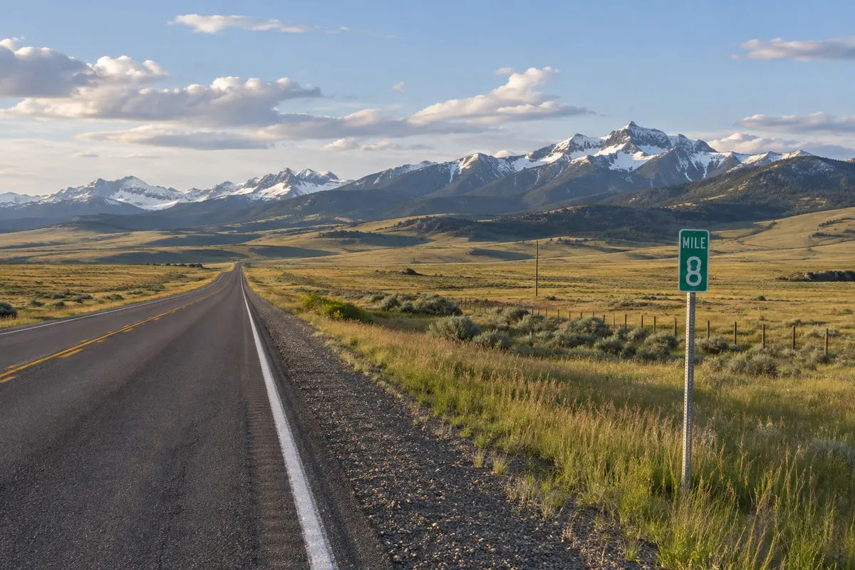 Montana Highway 200 through open rangeland with snowy peaks and mile marker 88