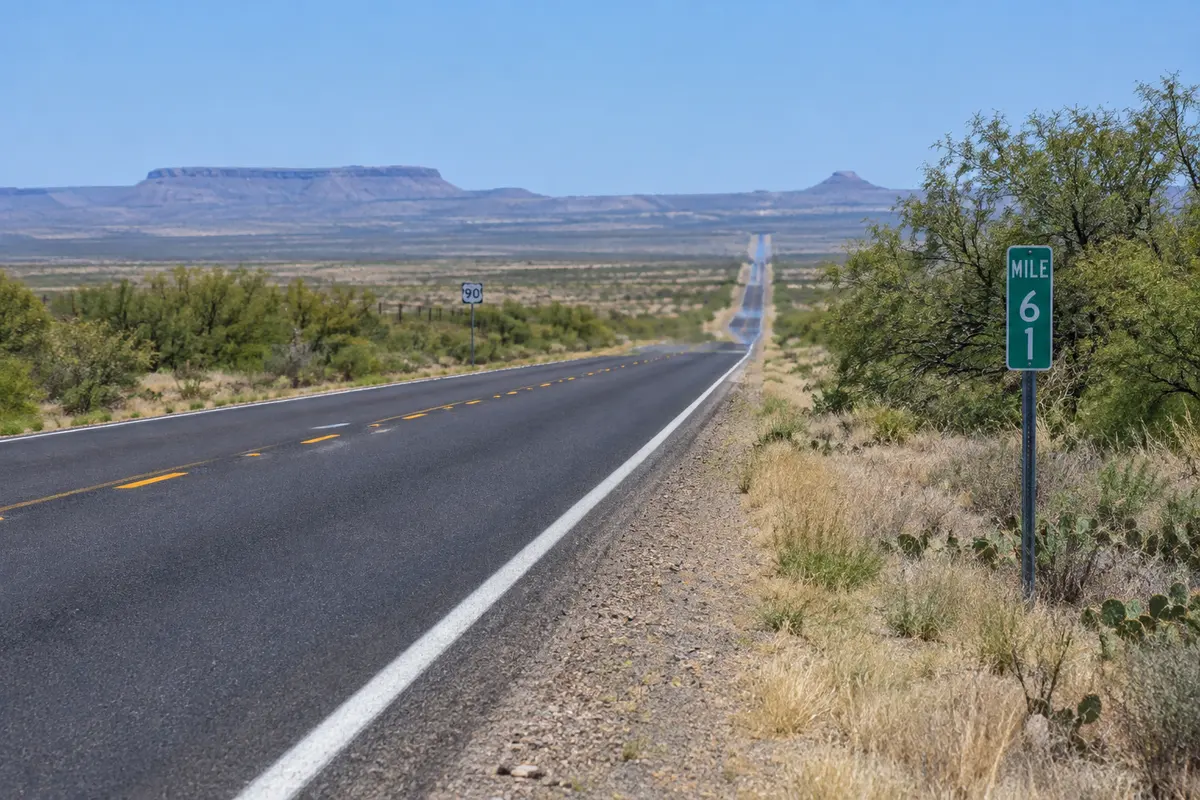 US Highway 90 through dry West Texas scrubland with mile marker 61 by the shoulder