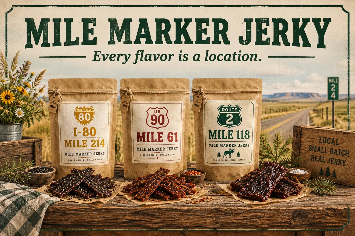 Landscape Mile Marker Jerky poster with three pouches on a roadside farm stand and the tagline: every flavor is a location
