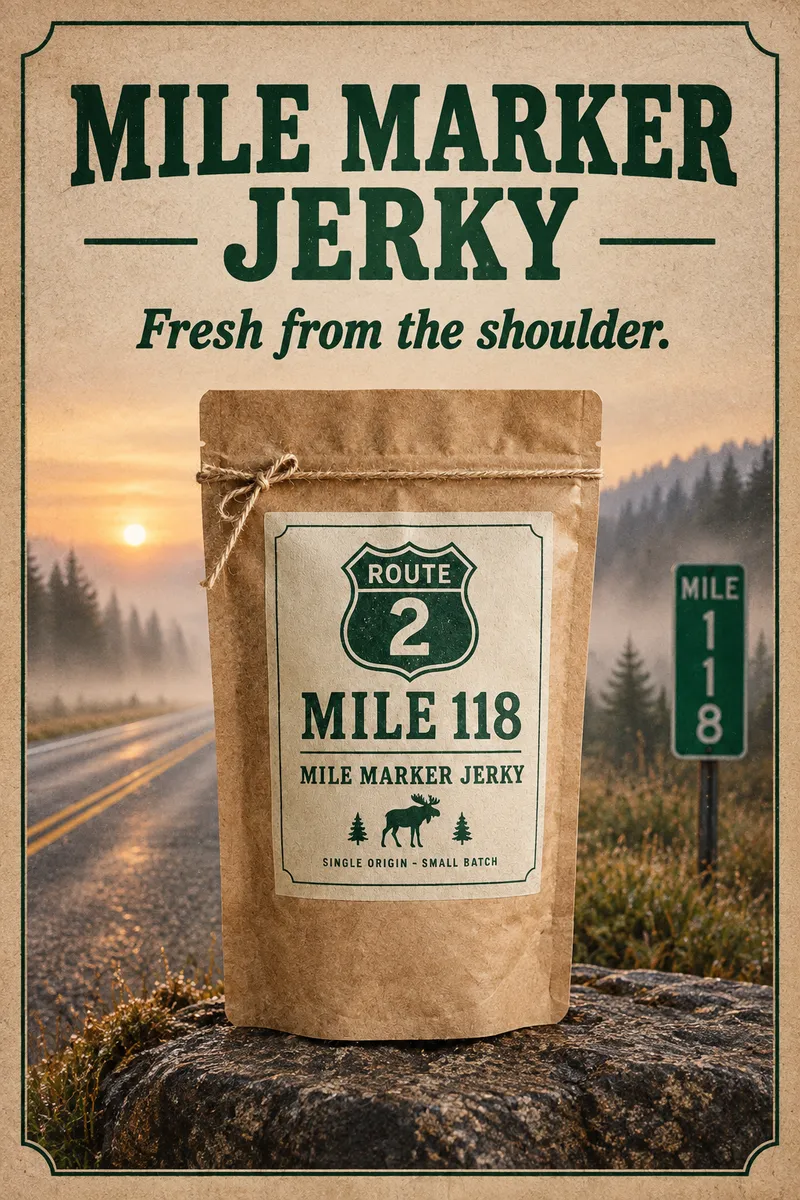 Portrait Mile Marker Jerky poster with the moose pouch over a misty dawn highway and the tagline: fresh from the shoulder