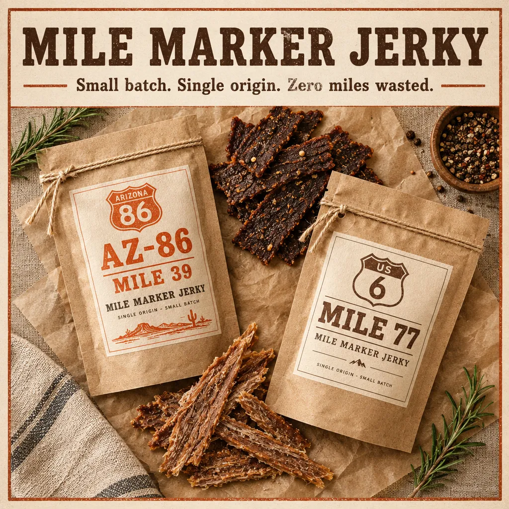 Square Mile Marker Jerky poster with pouches and jerky viewed from above and the tagline: small batch, single origin, zero miles wasted