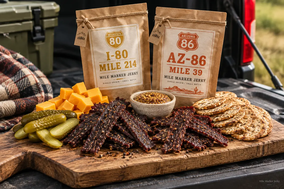 A tailgate board with sliced jerky, cheddar, mustard, pickles and crackers beside two Mile Marker pouches