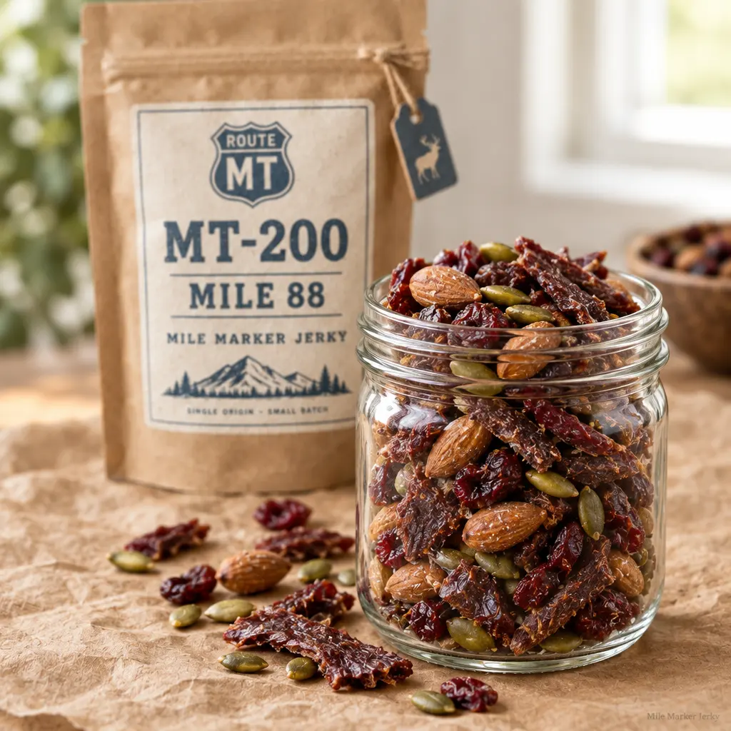 A glass jar of trail mix with dark jerky pieces, almonds, pepitas and cranberries beside a Mile Marker pouch
