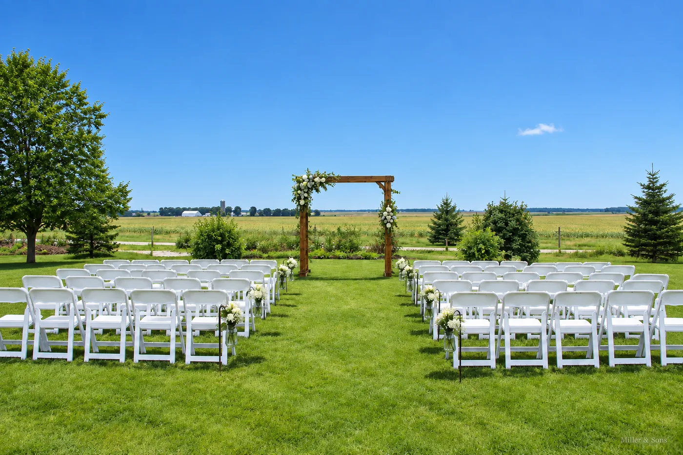 Same wedding venue under a clear blue sky, after service