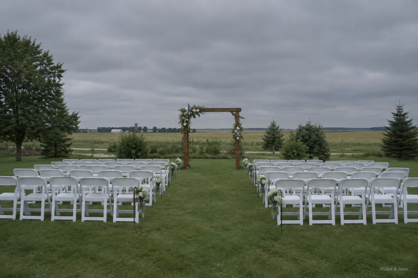 Wedding venue under a gray overcast sky, before service
