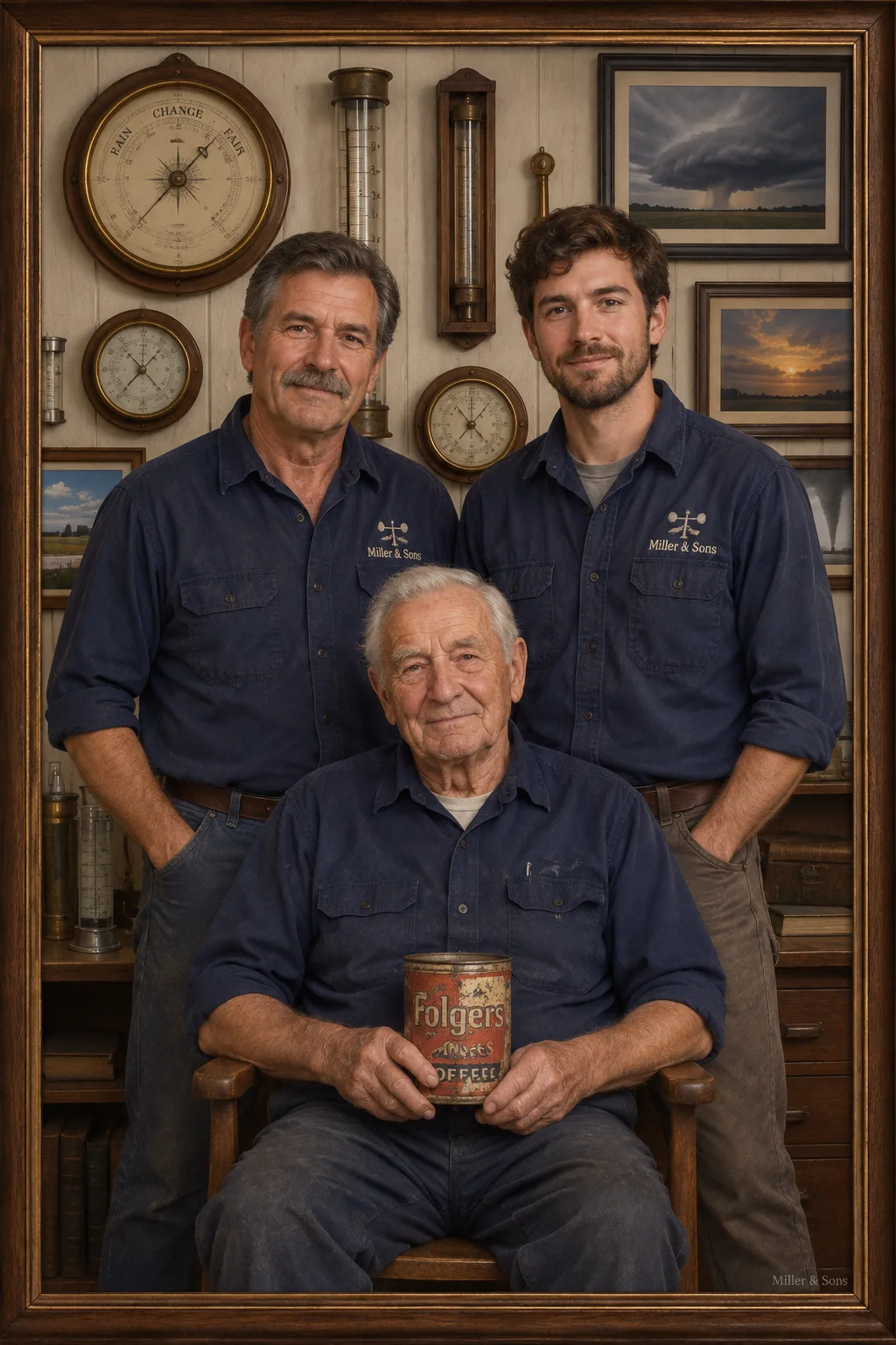 Emmett, Dale, and Randy Miller posed in the shop office