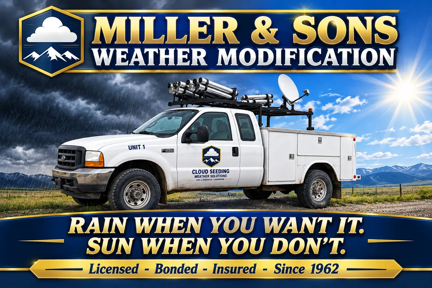 Landscape poster: Unit 1 under a split sky, rain when you want it, sun when you don't