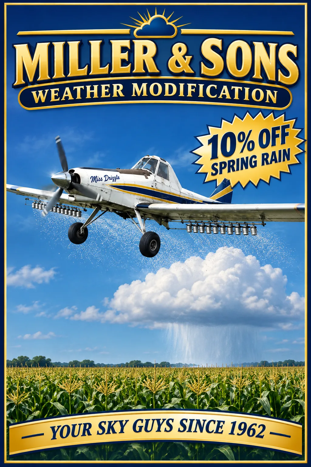 Portrait poster: Miss Drizzle seeding a cloud over corn, 10% off spring rain